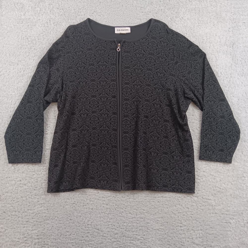 C.D. Daniels Jacket Zip Up Women 1X Black Floral Damask Cotton L5750BL 1